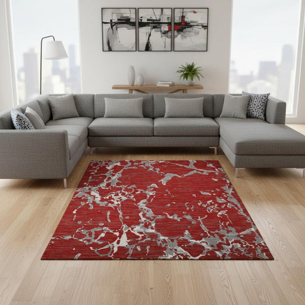 HomeRoots 9' X 12' Striped Red Gray Ivory Washable Area Rug with UV Protection for Pets & Kids - Durable Style! 682072