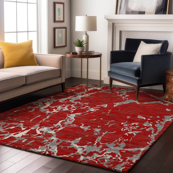 HomeRoots 9' X 12' Striped Red Gray Ivory Washable Area Rug with UV Protection for Pets & Kids - Durable Style! 682072