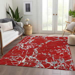 HomeRoots 9' X 12' Striped Red Gray Ivory Washable Area Rug with UV Protection for Pets & Kids - Durable Style! 682072