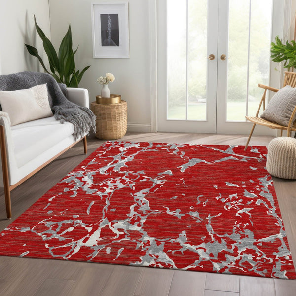 HomeRoots 9' X 12' Striped Red Gray Ivory Washable Area Rug with UV Protection for Pets & Kids - Durable Style! 682072