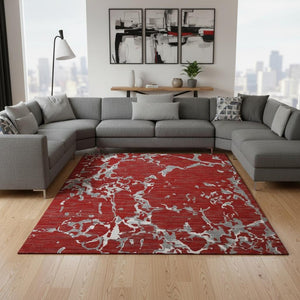 HomeRoots 10' X 14' Red Gray Ivory Striped Washable Area Rug - Durable, Stylish, UV-Protected for High Traffic Spaces 682073