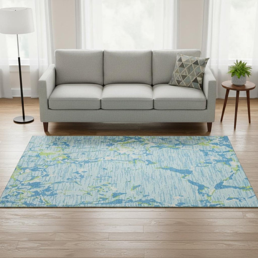 HomeRoots 5' Washable Area Rug in Sky Blue, Lime Green & Ivory Stripes – Durable, Stain-Resistant & UV-Protected! 682075