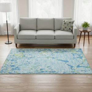 HomeRoots 5' Washable Area Rug in Sky Blue, Lime Green & Ivory Stripes – Durable, Stain-Resistant & UV-Protected! 682075