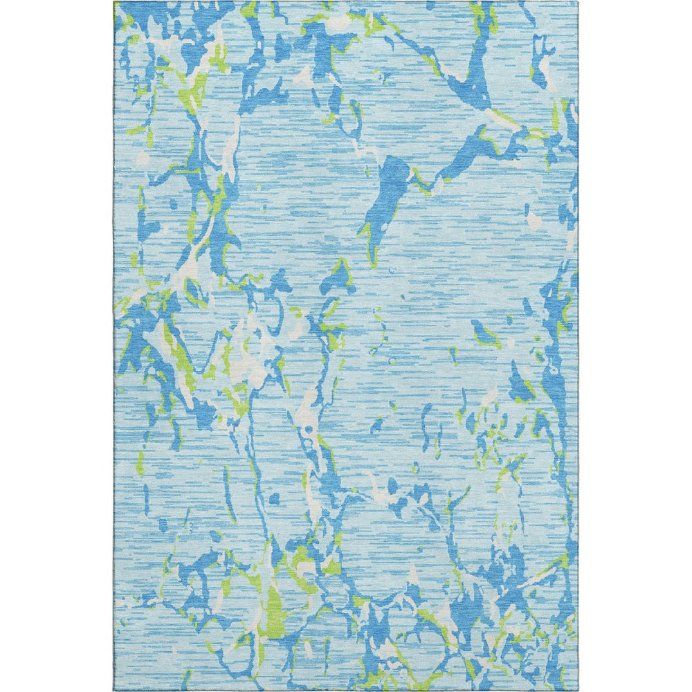 HomeRoots 5' Washable Area Rug in Sky Blue, Lime Green & Ivory Stripes – Durable, Stain-Resistant & UV-Protected! 682075