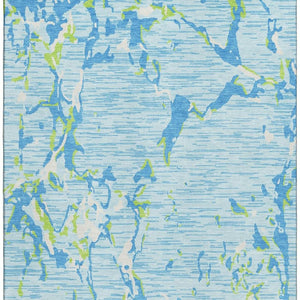 HomeRoots 5' Washable Area Rug in Sky Blue, Lime Green & Ivory Stripes – Durable, Stain-Resistant & UV-Protected! 682075