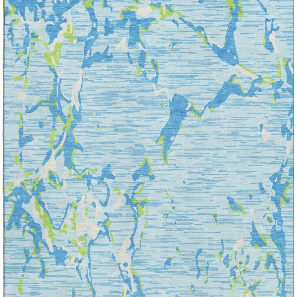 HomeRoots 5' Washable Area Rug in Sky Blue, Lime Green & Ivory Stripes – Durable, Stain-Resistant & UV-Protected! 682075