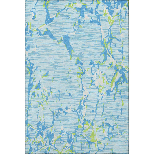 HomeRoots 5' Washable Area Rug in Sky Blue, Lime Green & Ivory Stripes – Durable, Stain-Resistant & UV-Protected! 682075