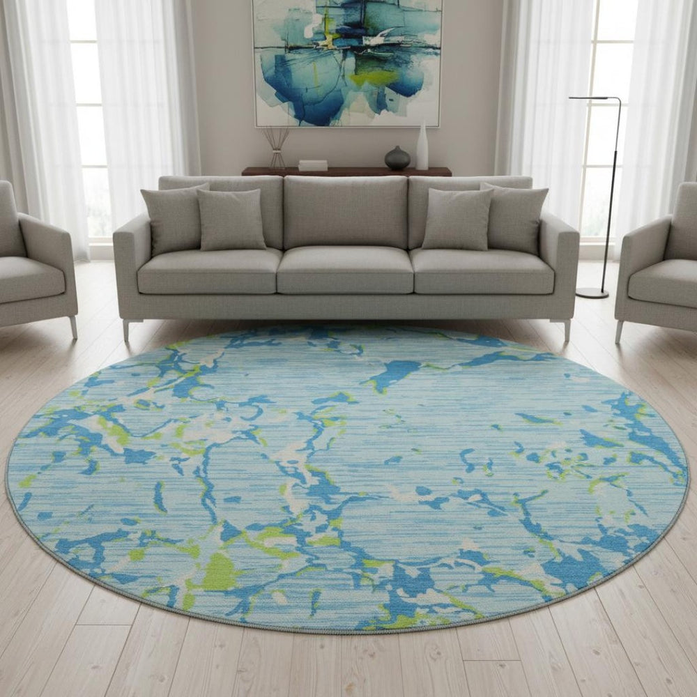 HomeRoots 8' Sky Blue, Lime Green & Ivory Striped Round Rug - Durable, Washable with UV Protection for All Spaces 682076
