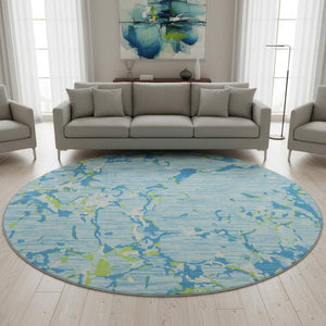 HomeRoots 8' Sky Blue, Lime Green & Ivory Striped Round Rug - Durable, Washable with UV Protection for All Spaces 682076