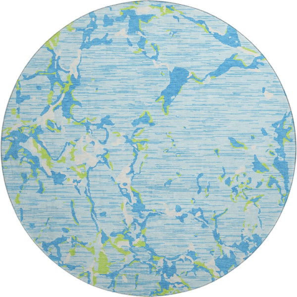 HomeRoots 8' Sky Blue, Lime Green & Ivory Striped Round Rug - Durable, Washable with UV Protection for All Spaces 682076