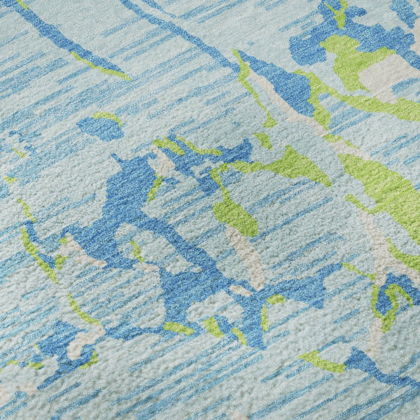 HomeRoots 8' Sky Blue, Lime Green & Ivory Striped Round Rug - Durable, Washable with UV Protection for All Spaces 682076