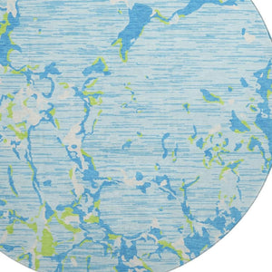 HomeRoots 8' Sky Blue, Lime Green & Ivory Striped Round Rug - Durable, Washable with UV Protection for All Spaces 682076