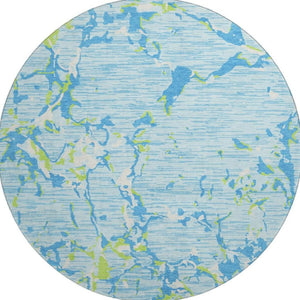 HomeRoots 8' Sky Blue, Lime Green & Ivory Striped Round Rug - Durable, Washable with UV Protection for All Spaces 682076