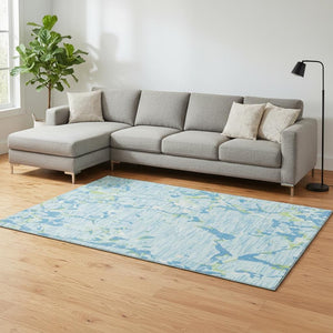 HomeRoots 8' X 10' Striped Area Rug in Sky Blue, Lime Green & Ivory - Washable, UV Protected, Durable Design 682077