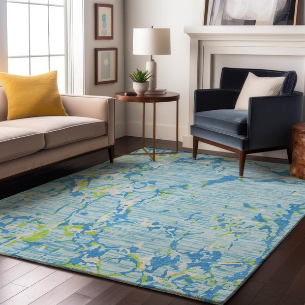HomeRoots 8' X 10' Striped Area Rug in Sky Blue, Lime Green & Ivory - Washable, UV Protected, Durable Design 682077