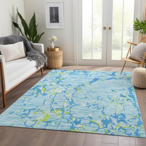 HomeRoots 8' X 10' Striped Area Rug in Sky Blue, Lime Green & Ivory - Washable, UV Protected, Durable Design 682077