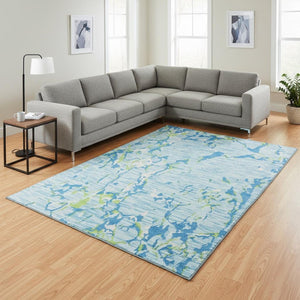 HomeRoots 9' X 12' Striped Area Rug in Sky Blue, Lime Green & Ivory - Washable, UV Protected & Durable Design! 682078
