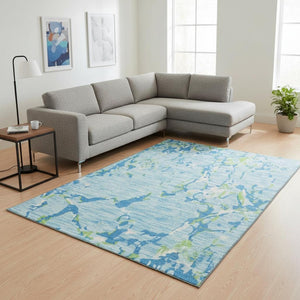 HomeRoots 10' X 14' Striped Area Rug in Sky Blue, Lime Green & Ivory - Washable, UV-Protected, Durable Design 682079