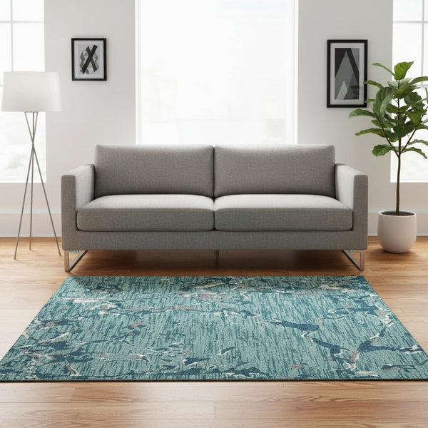 HomeRoots 5' X 8' Stylish Teal Ivory Gray Striped Area Rug - Durable, Washable & UV Protected for Any Room 682081