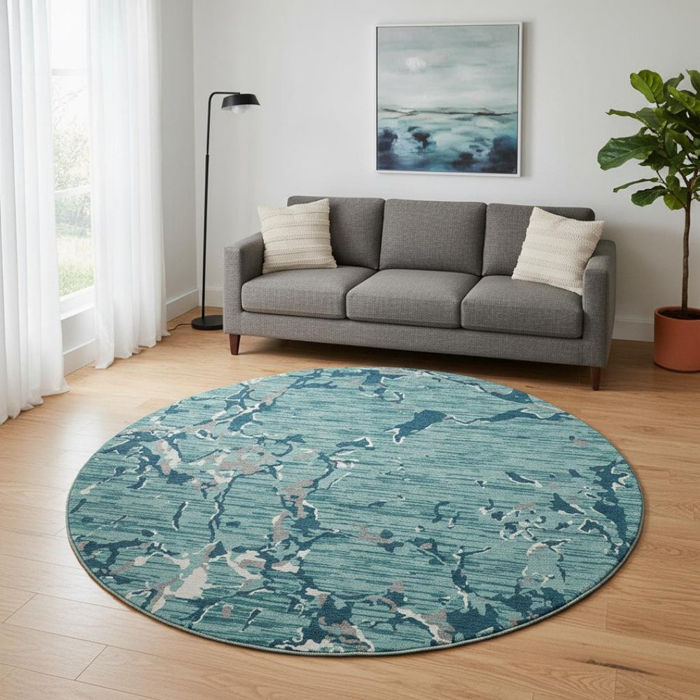 HomeRoots 8' Teal Ivory and Gray Striped Round Rug – Washable, UV Protected, Perfect for High-Traffic Areas! 682082