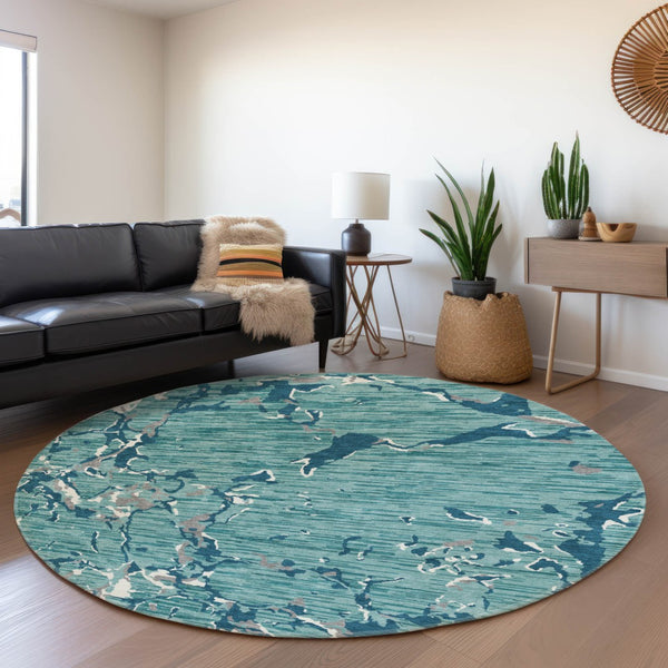 HomeRoots 8' Teal Ivory and Gray Striped Round Rug – Washable, UV Protected, Perfect for High-Traffic Areas! 682082