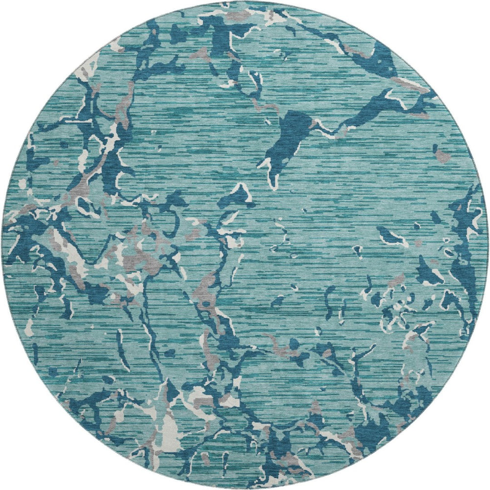 HomeRoots 8' Teal Ivory and Gray Striped Round Rug – Washable, UV Protected, Perfect for High-Traffic Areas! 682082