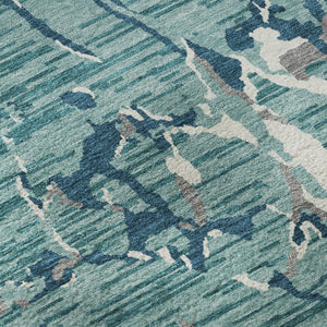 HomeRoots 8' Teal Ivory and Gray Striped Round Rug – Washable, UV Protected, Perfect for High-Traffic Areas! 682082