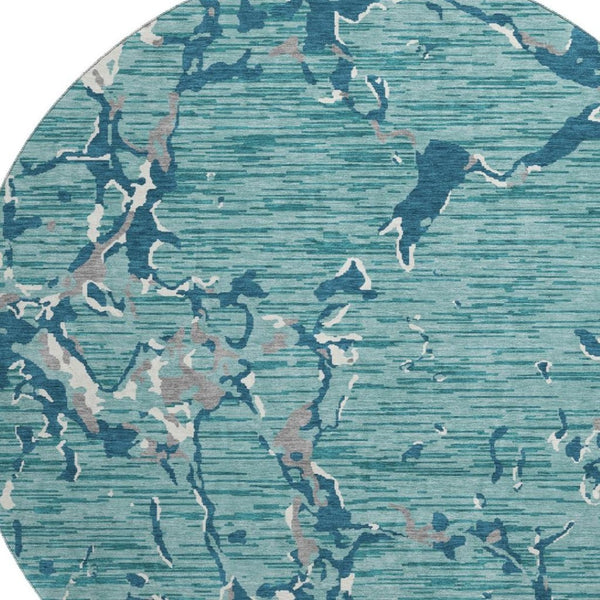 HomeRoots 8' Teal Ivory and Gray Striped Round Rug – Washable, UV Protected, Perfect for High-Traffic Areas! 682082