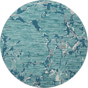 HomeRoots 8' Teal Ivory and Gray Striped Round Rug – Washable, UV Protected, Perfect for High-Traffic Areas! 682082