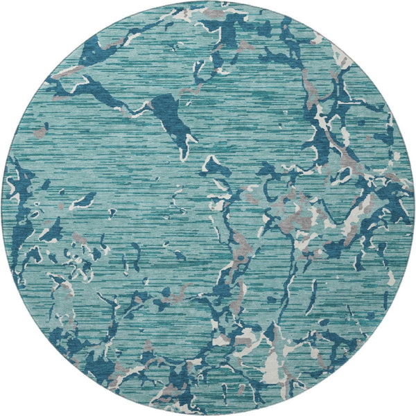 HomeRoots 8' Teal Ivory and Gray Striped Round Rug – Washable, UV Protected, Perfect for High-Traffic Areas! 682082