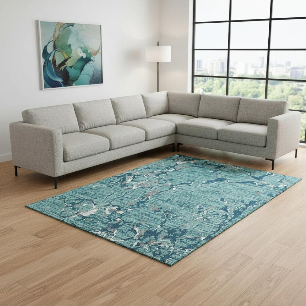 HomeRoots 8' X 10' Stylish Teal Ivory Gray Striped Washable Area Rug with UV Protection for High-Traffic Spaces 682083