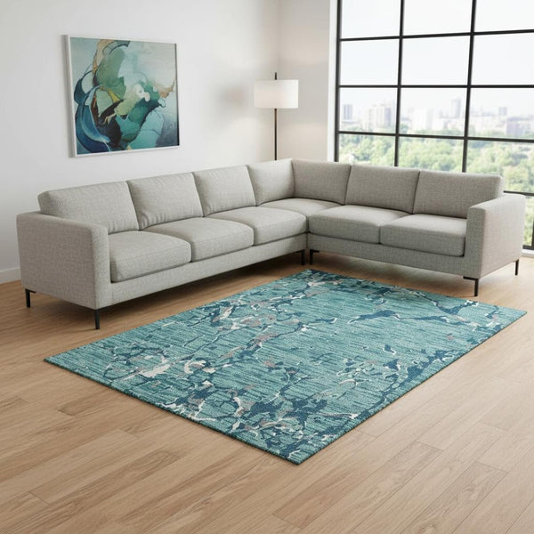 HomeRoots 8' X 10' Stylish Teal Ivory Gray Striped Washable Area Rug with UV Protection for High-Traffic Spaces 682083