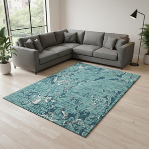 HomeRoots 9' X 12' Teal Ivory Gray Striped Area Rug - Washable, UV-Protected, Durable for Homes with Kids & Pets 682084