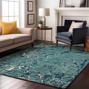 HomeRoots 9' X 12' Teal Ivory Gray Striped Area Rug - Washable, UV-Protected, Durable for Homes with Kids & Pets 682084
