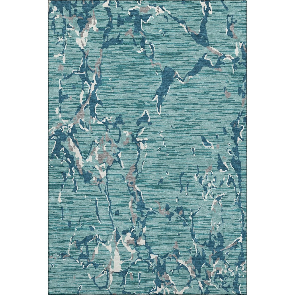 HomeRoots 9' X 12' Teal Ivory Gray Striped Area Rug - Washable, UV-Protected, Durable for Homes with Kids & Pets 682084