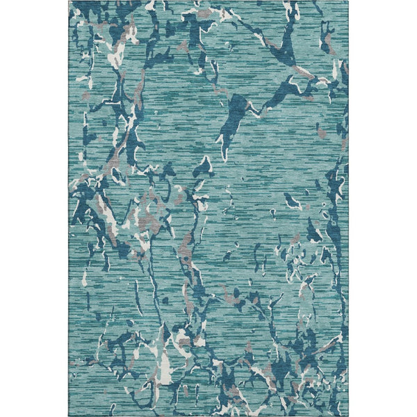 HomeRoots 9' X 12' Teal Ivory Gray Striped Area Rug - Washable, UV-Protected, Durable for Homes with Kids & Pets 682084