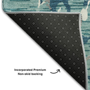 HomeRoots 9' X 12' Teal Ivory Gray Striped Area Rug - Washable, UV-Protected, Durable for Homes with Kids & Pets 682084