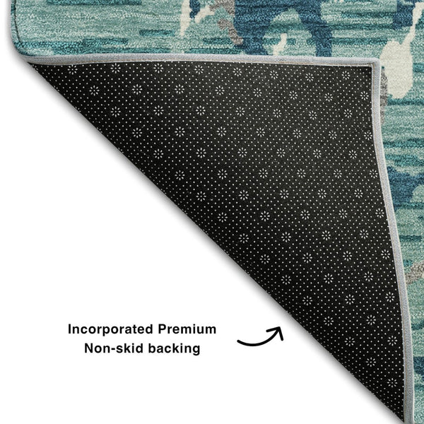 HomeRoots 9' X 12' Teal Ivory Gray Striped Area Rug - Washable, UV-Protected, Durable for Homes with Kids & Pets 682084
