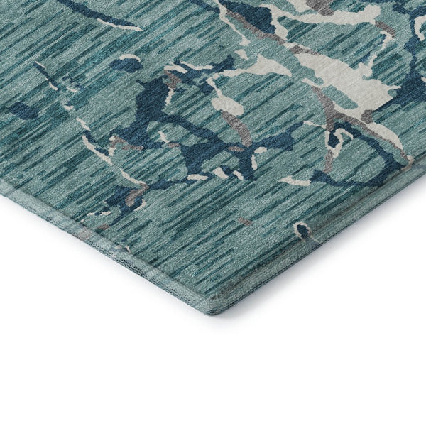 HomeRoots 9' X 12' Teal Ivory Gray Striped Area Rug - Washable, UV-Protected, Durable for Homes with Kids & Pets 682084