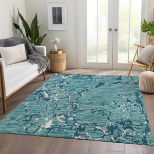 HomeRoots 9' X 12' Teal Ivory Gray Striped Area Rug - Washable, UV-Protected, Durable for Homes with Kids & Pets 682084