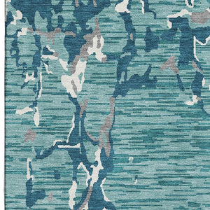 HomeRoots 9' X 12' Teal Ivory Gray Striped Area Rug - Washable, UV-Protected, Durable for Homes with Kids & Pets 682084
