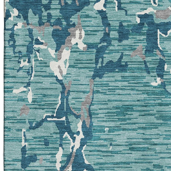 HomeRoots 9' X 12' Teal Ivory Gray Striped Area Rug - Washable, UV-Protected, Durable for Homes with Kids & Pets 682084