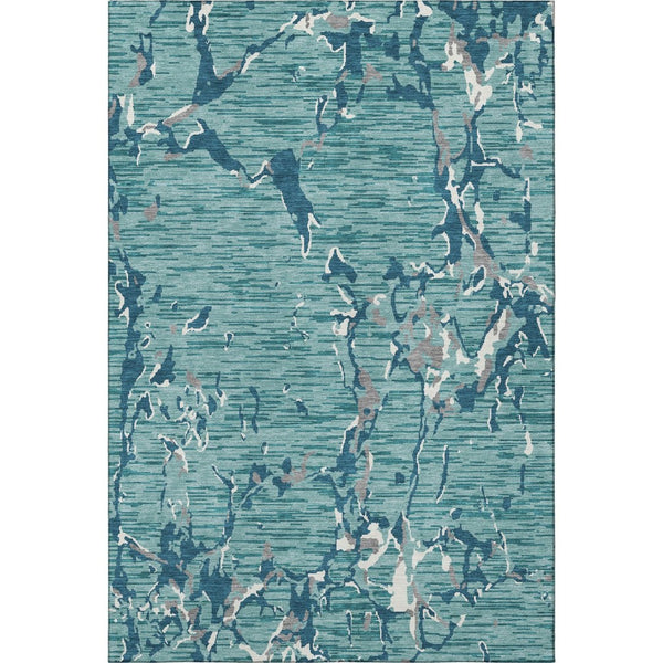 HomeRoots 9' X 12' Teal Ivory Gray Striped Area Rug - Washable, UV-Protected, Durable for Homes with Kids & Pets 682084