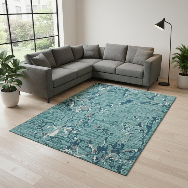 HomeRoots 10' Teal Ivory and Gray Striped Area Rug - Washable, UV Protected, Durable, Perfect for Indoor/Outdoor Spaces 682085