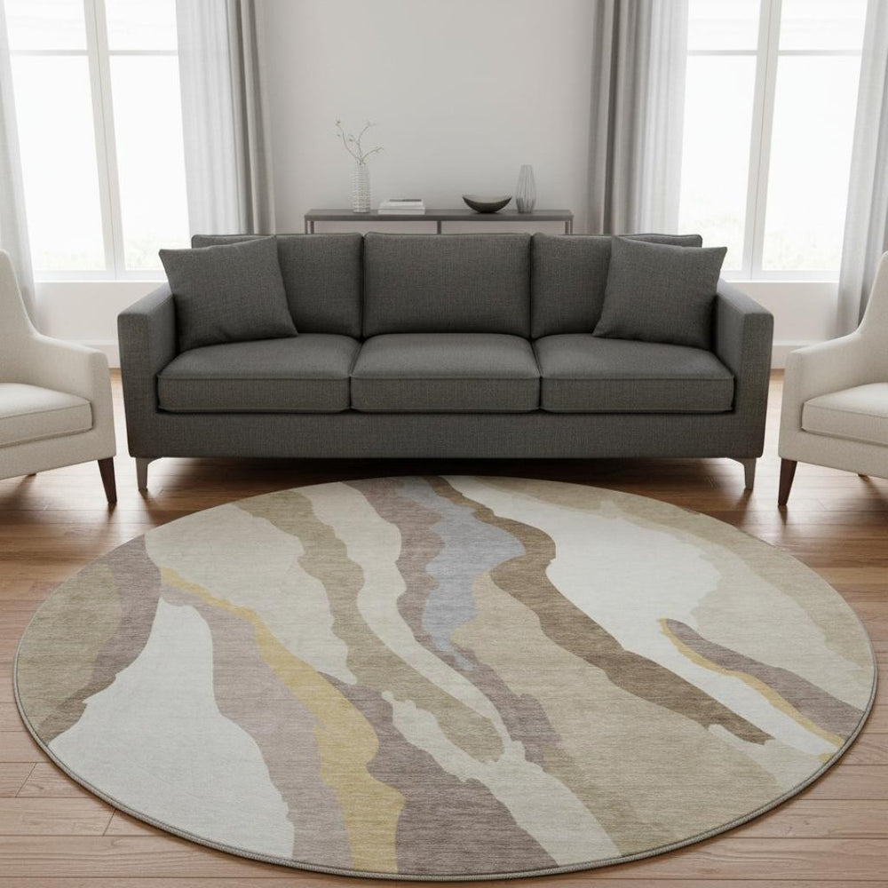 HomeRoots 8' Beige Gold and Taupe Abstract Round Rug - Washable, UV-Protected, Kid & Pet-Friendly Design 682088