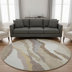 HomeRoots 8' Beige Gold and Taupe Abstract Round Rug - Washable, UV-Protected, Kid & Pet-Friendly Design 682088