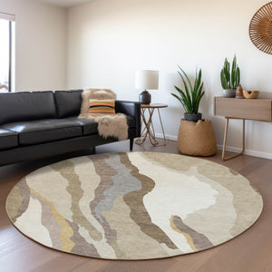 HomeRoots 8' Beige Gold and Taupe Abstract Round Rug - Washable, UV-Protected, Kid & Pet-Friendly Design 682088