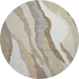 HomeRoots 8' Beige Gold and Taupe Abstract Round Rug - Washable, UV-Protected, Kid & Pet-Friendly Design 682088