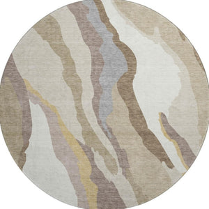 HomeRoots 8' Beige Gold and Taupe Abstract Round Rug - Washable, UV-Protected, Kid & Pet-Friendly Design 682088