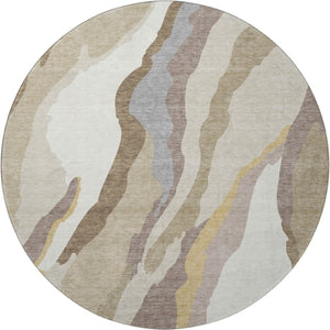 HomeRoots 8' Beige Gold and Taupe Abstract Round Rug - Washable, UV-Protected, Kid & Pet-Friendly Design 682088
